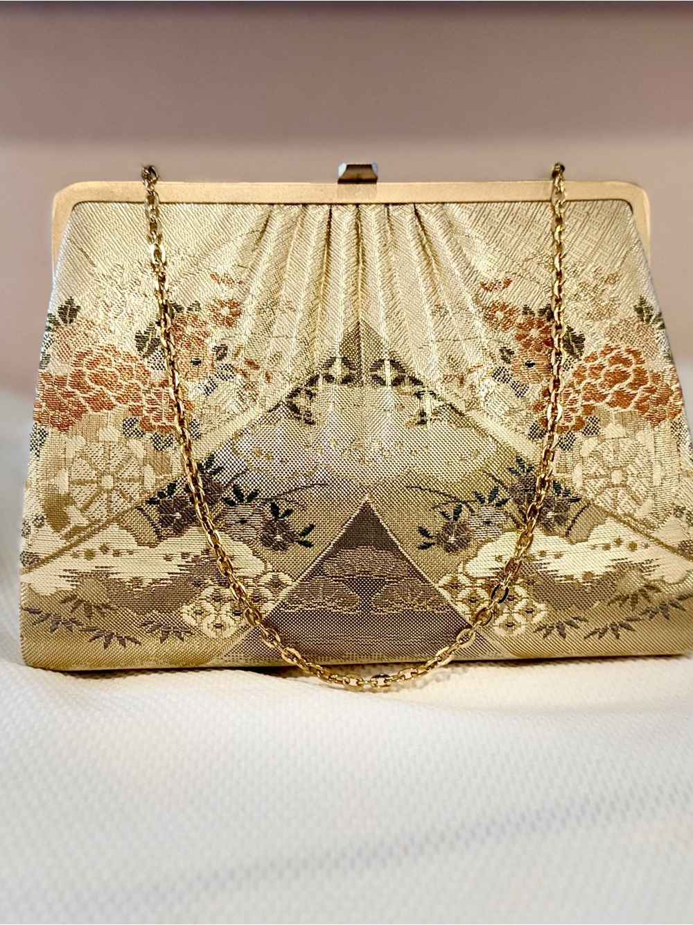 Elegant Gold Floral Evening Clutch with gold chain strap